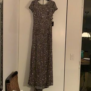 Adriana Papell long dark grey sequins gown